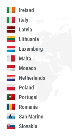 Greece, Hungary, Ireland, Italy, Latvia Lithuania, Luxemburg, Macedonia, Malta, Monaco